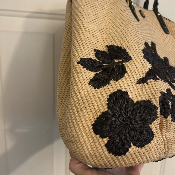 Tory Burch Black Floral Leather on Tan Tote - Picture 4 of 9